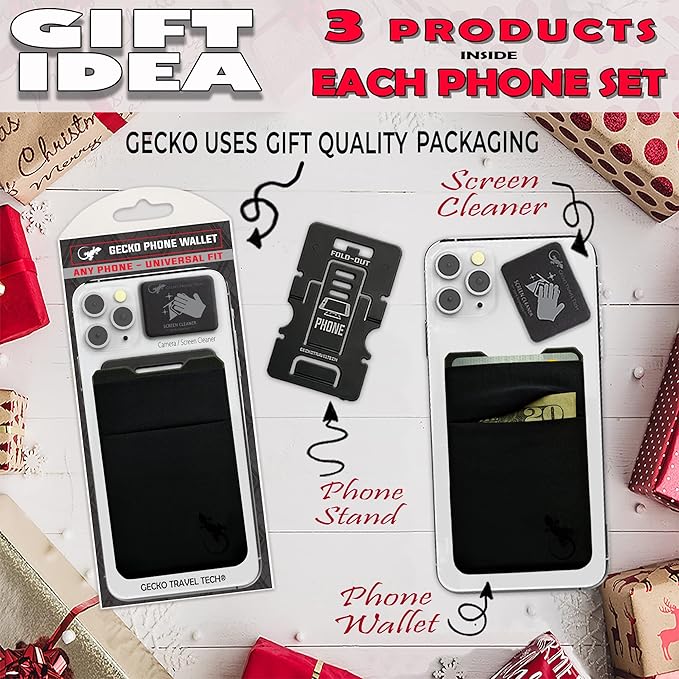 Gecko Travel Tech Double Pocket - Adhesive Card Holder - Cell Phone Pouch - Stick on Spandex Pocket - Carry Credit Cards and Cash (2 PACK - BLACK COMBO)