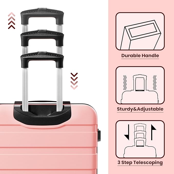 AnyZip Luggage Sets 3 Piece Hardshell Suitcase Set PC ABS Lightweight Travel Suitcases with 4 Double Spinner Wheels TSA Lock 20 24 28 Inch Pink