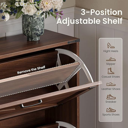 Shoe Organizer Cabinet Narrow with 3 Flip Drawers Shoe Rack Cabinet Hidden Slim Freestanding Shoe Storage Cabinet 24 Shoes for Entryway,Living Room, Rustic Walnut
