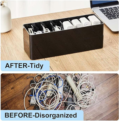 Tatuo 1 Pcs Cable Organizer Box with Wire Ties, Plastic Cord Storage Box with Lid, Electronics Organizer for Home Office Desk Organizers and Accessories (Black)