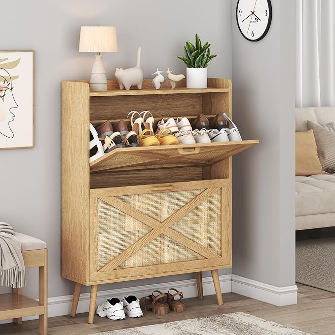 Shoe Storage Cabinet with 2 Rattan Flip Drawers, Freestanding Shoe Rack Organizer for Entryway, Narrow Hidden Slim Shoe Cabinet for Foyer,Hallway, Natural