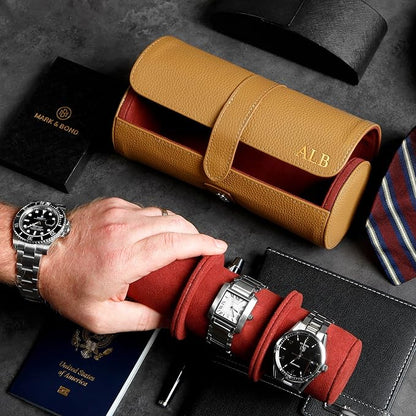 HomeWetBar Custom Leather Watch Roll for Travel, 3 Slot British Tan Watch Case with Velvety Interior, Personalized Initials Option