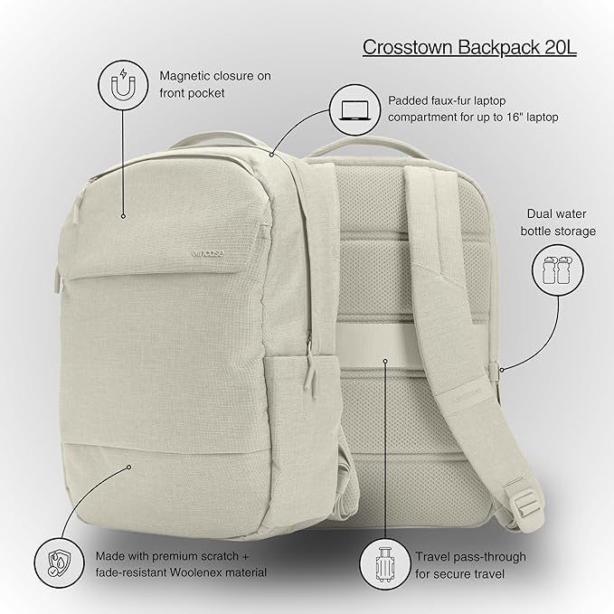 Incase Crosstown Backpack – 20L Everyday Laptop Backpack for Work, Travel – 16" Faux Fur Laptop Sleeve, External Front Pocket, Water Bottle Pockets, Travel Pass Through - Limestone