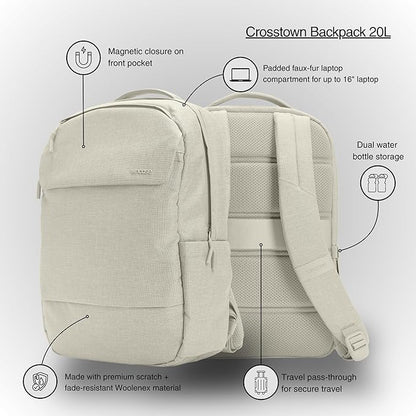 Incase Crosstown Backpack – 20L Everyday Laptop Backpack for Work, Travel – 16" Faux Fur Laptop Sleeve, External Front Pocket, Water Bottle Pockets, Travel Pass Through - Limestone