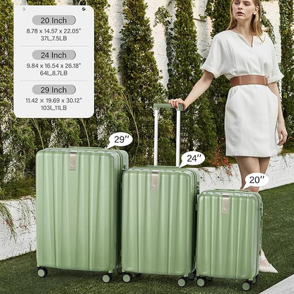 Hanke Hardshell Luggage Sets 3 Piece Extra Large Suitcases with Lock,28 Inch Luggage with Spinner Wheels, PC Travel Suitcase for Women Men 20 24 29Inch,Bamboo Green
