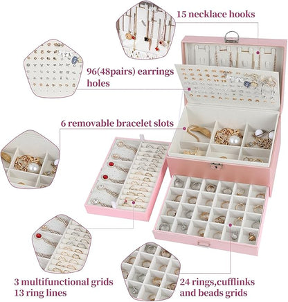 BOOVO Earring Jewelry Box For Women Girl Stud Organizer, 5 Layers Girl Jewelry Organizer Box With Lock Earring Holder Organizer Necklace Ring Jewelry Organizer Box For Girls (rose gold)