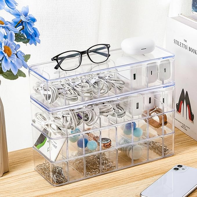 Tatuo 6 Pcs Cable Organizer Box with Wire Ties, Plastic Cord Storage Box with Lid, Electronics Organizer for Home Office Desk Organizers and Accessories (Clear)