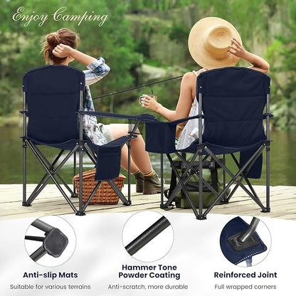 HIGH POINT SPORTS Oversized Camping Folding Chair, Heavy Duty Portable Outdoor Chair, Foldable Camp Chair with Cup Holder and Cooler Bag Support 450 LBS, Dark Blue…