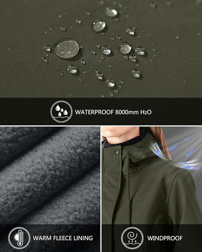 Outdoor Ventures Women's Lightweight Waterproof Fleece Lined Hooded Softshell Rain Jacket, Warm Windbreaker Long Coat