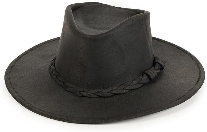 Minnetonka Outback Hat-Flat Brimmed Cowboy Hat for Men and Women Made with Distressed Leather, Hidden Steel Wire in Brim.