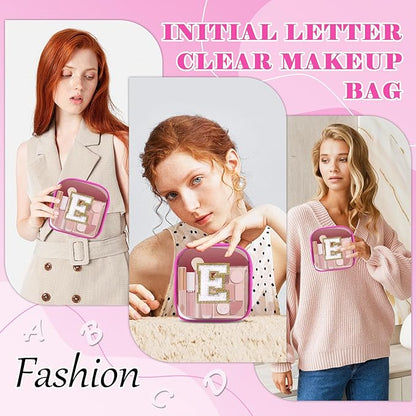 Personalized Initial Letter Clear Preppy Makeup Bag,Mini Nylon Chenille Letter Cosmetic Bag Cute Zipper Pouch Coin Purse for Teen Girls,Portable TSA Approved Travel Essentials Bag Gift for Women,E