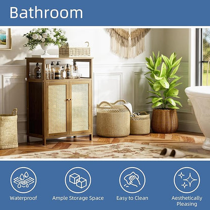 HITNET Rattan Bathroom Floor Cabinet, Freestanding Bamboo Storage Cupboard with 2 Doors, Living Room Sideboard, Space Saving, Walnut