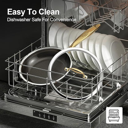 Fogdream 8” Non Stick Frying Pans, Stainless Steel Skillet with Lid, Tri-Ply Stainless Steel for All Cooktops, Dishwasher and Oven-Safe Cooking Pan, Stay-Cool Handle, Gold
