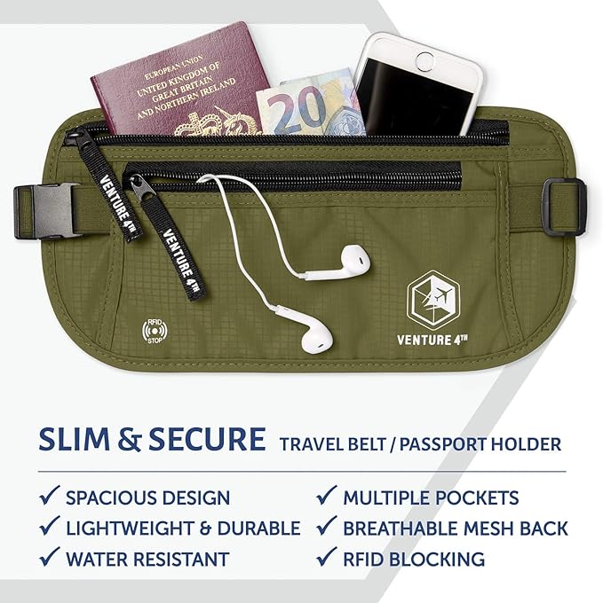 VENTURE 4TH Money Belt for Travel – Hidden Under-Clothes RFID Blocking Passport Holder & Slim Travel Wallet Pouch for Men & Women to Protect Cash, Cards & Documents (Green)