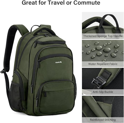 Hanke College Laptop Backpack Multi-Pocket, 18-Inch Large Travel Backpack for Men Women, Water Resistant College Bookbag for 15.6 Inch Laptop, Casual Daily Personal Item Size,Army Green