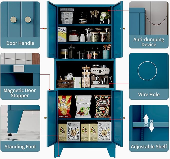 69" Tall Metal Kitchen Pantry Storage Cabinet with Microwave Stand | White | Modern Freestanding Food Buffet Cabinet | Kitchen Hutch | Coffee Bar Hutch for Dining & Living Room