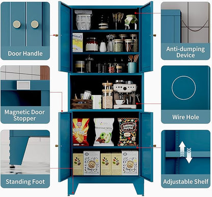 69" Tall Metal Kitchen Pantry Storage Cabinet with Microwave Stand | White | Modern Freestanding Food Buffet Cabinet | Kitchen Hutch | Coffee Bar Hutch for Dining & Living Room