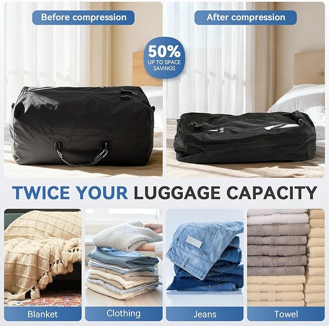 Arxus Vacuum Bags for Travel Airless, Compression Seal Packing Cubes with Adjustable Shoulder Strap, IP67 Reusable Portable Moving Supplies Kit for Clothing Storage, Luggage, Backpack, Suitcase