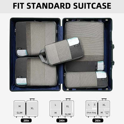 BAGAIL 6 Set Lightweight Compression Packing Cubes with Packing List, Anti-Tearing Expandable Organizer Bags for Travel, Dark Grey