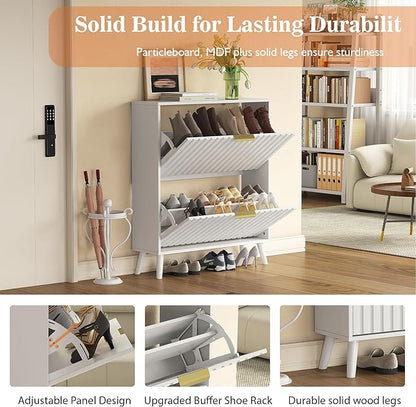 Slim Shoe Cabinet with 2 Flip Drawer Narrow Shoe Cabinet Storage with Adjustable Shelves, Shoe Organizer for Entryway Hallway Bedroom Living Room (White)
