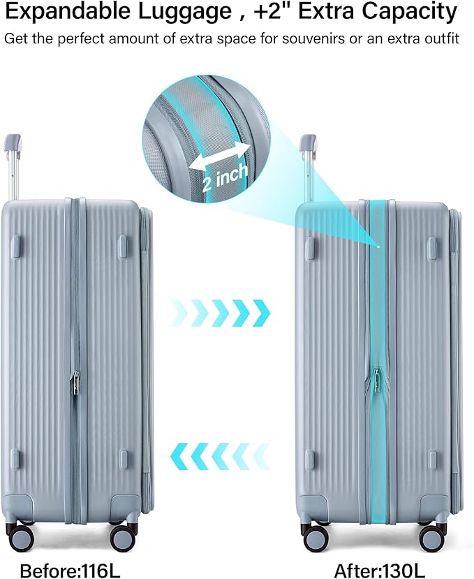 Hanke Expandable 28 Inch Luggage with Spinner Wheels Top Opening Travel Luggage Hard Shell Rolling Suitcases Large Lightweight Checked Luggage with Cup Holder(Grey)