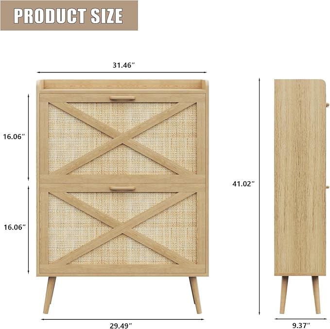Shoe Storage Cabinet with 2 Rattan Flip Drawers, Freestanding Shoe Rack Organizer for Entryway, Narrow Hidden Slim Shoe Cabinet for Foyer,Hallway, Natural