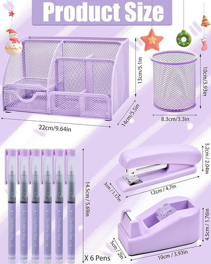 Purple Desk Accessories, 26Pcs Office Supplies and Desk Organizers, with Tape Dispenser, Stapler, Staple Remover Ect, Christmas Gifts