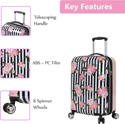Betsey Johnson Designer 20 Inch Carry On - Expandable (ABS + PC) Hardside Luggage - Lightweight Durable Suitcase With 8-Rolling Spinner Wheels for Women (Stripe Roses)