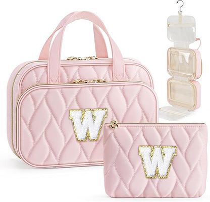 YOOLIFE Travel Toiletry Bag for Women - Hanging Toiletry Bag Makeup Bag, Portable Toiletries Travel Bag and Cosmetic Bag Essentials - Letter W Pink