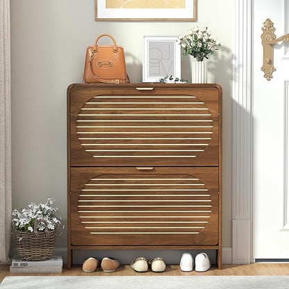 Wood Shoe Storage Cabinet with 2 Flip Drawer, Mid-Century Farmhouse Curved Corner Shoe Cabinet Arched Fluted Pattern, Hidden Narrow Shoe Organizer for Entryway, Living Room (Walnut, No-Divider)