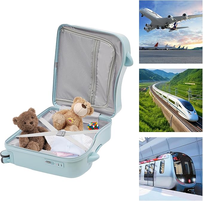18-Inch Kids Ride-On Suitcase - Cute Lightweight Trolley Luggage with 4 Silent Spinner Wheels & Lock for Travel - Perfect for Ages 3-6 (Sky Blue)