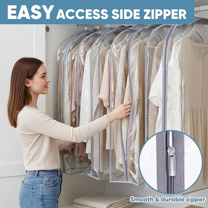 BALEINE 50'' Clear Garment Bags for Hanging Clothes, 10.5'' Wide PEVA Suit Bag for Closet Clothes Dresses Coat (Clear, 3PK)
