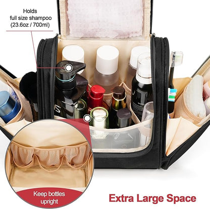 Hanging Travel Toiletry Bag for Women and Men, 6 Organizer Compartments, Large Toiletries essentials, Bathroom Cosmetic Accessories, Water-resistant Makeup Bag, Holds Full-Size Shampoo, Black