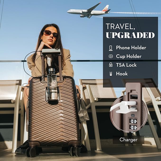 Nine West Zion 20" Inch Smart Carry On Luggage with Wheels, Hardshell Suitcase with Cup Holder & USB Port for Charging, Airline Approved Cabin Bag Chocolate Martini