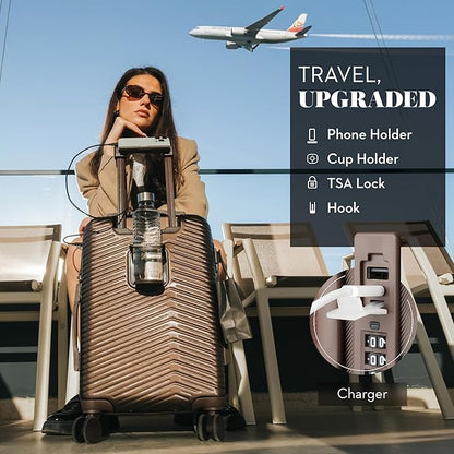Nine West Zion 20" Inch Smart Carry On Luggage with Wheels, Hardshell Suitcase with Cup Holder & USB Port for Charging, Airline Approved Cabin Bag Chocolate Martini
