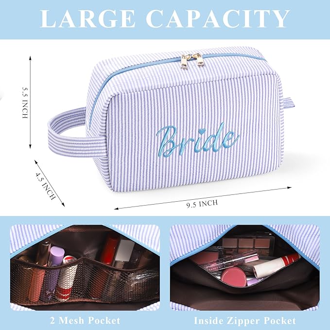 Etercycle Bride Makeup Bag, Blue Striped Cosmetic Bag Embroidery Bridal Shower Gifts, Large Travel Make Up Bags with Inside Pockets Toiletry Bag for Women Wedding Engagement Bachelorette Party