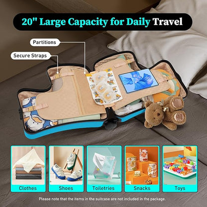 Kids Ride on Suitcase, 20" Ride on Luggage with 4 Wheels, Scooter Suitcase for Boys Girls, Toddler Carry on Suitcases with Safety Belt & Adjustable Handle, Travel Luggage for Ages 3-6 (Blue)