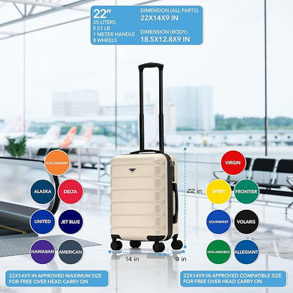Flight Knight 22x14x9 Carry On Suitcase Hardside TSA Lock USB C Port Lightweight Luggage Silent Double Spinner Wheels Maximum Overhead Carry-On Bag For American & United Approved Airlines