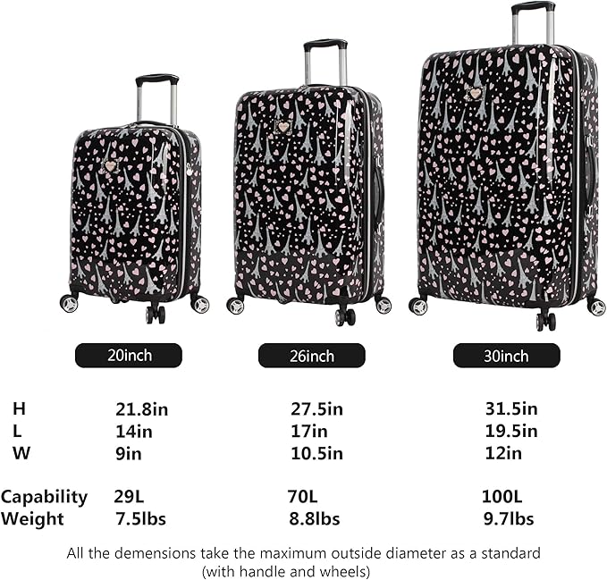 Betsey Johnson Designer Luggage Collection - Expandable 3 Piece Hardside Lightweight Spinner Suitcase Set - Travel Set includes 20-Inch Carry On, 26 inch and 30-Inch Checked Suitcase (Paris Love)