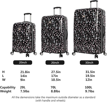 Betsey Johnson Designer Luggage Collection - Expandable 3 Piece Hardside Lightweight Spinner Suitcase Set - Travel Set includes 20-Inch Carry On, 26 inch and 30-Inch Checked Suitcase (Paris Love)