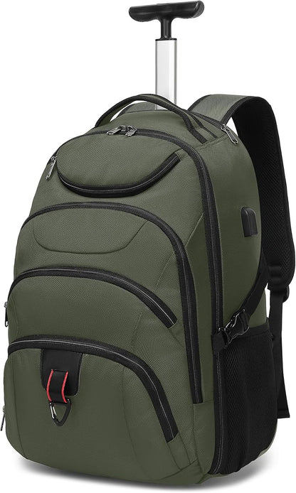 Boavan Rolling Backpack,17 inch Water Resistant Wheeled Backpack,Carry on Luggage Business Bag, Overnight College Computer bag Trolley Suitcase for Men Women Adults to Travel，Green