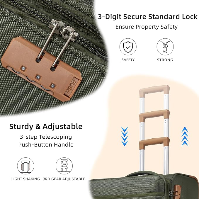 LARVENDER Luggage Sets 4 Piece, Softside Carry On Luggage Suitcase Set with 360° Spinner Wheels for Women Men(32/28/24/20) Army Green