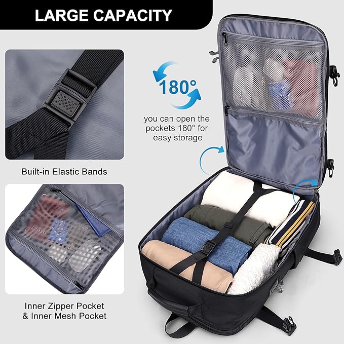 PIJUSHI Travel Backpack for Women Men Expandable Carry on Luggage Backpack Airline Approved Personal Item Laptop Bag(PE034 Black)