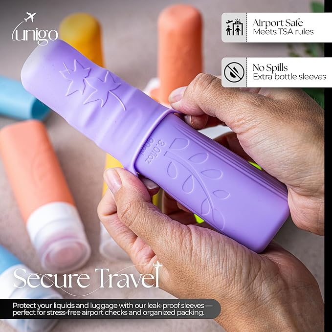 unigo Travel Bottles For Toiletries, 5-pack 3.oz TSA Aprroved Travel Size Bottles, Containers For Toiletries, BPA Free, Leak Prrof, Refillable Containers Bottles (Multicolor B)