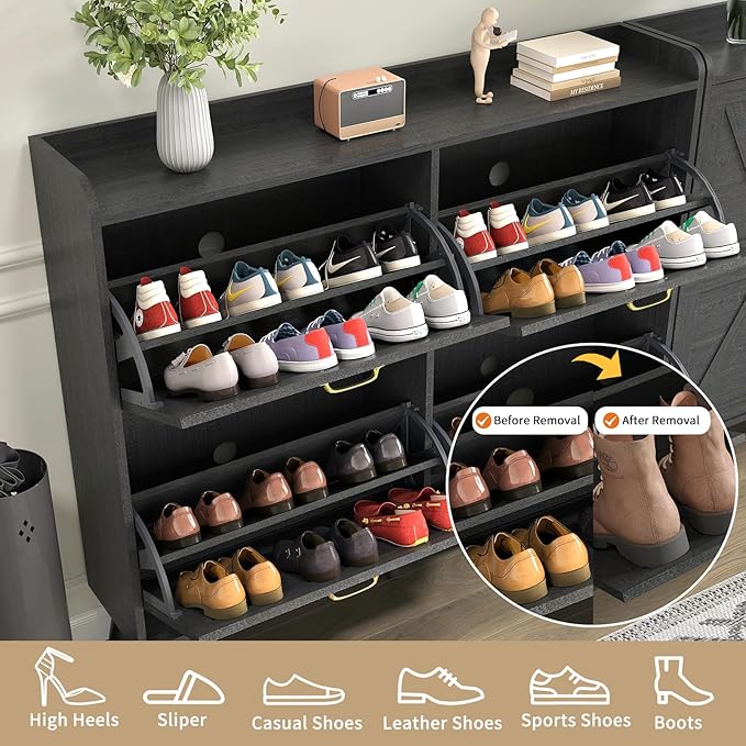 Shoe Storage Cabinet with 4 Flip Drawers, Shoe Cabinet Storage for Entryway Slim, Freestanding Black Shoe Cabinet, Farmhouse Shoe Organizer Hidden Shoe Cabinets with Wooden Legs, Black