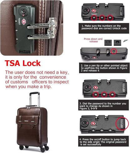 feilario Business Spinner Wheels Luggage PVC Leather Waterproof Carry-On Suitcase Aluminum Alloy Handle Soft Shell Luggage with TSA Lock (Coffee, 20in)