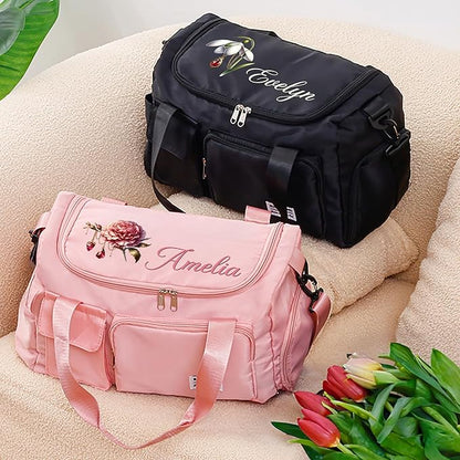 Personalized Gym Bag Waterproof Custom Name Gemstone Birth Flower Duffle Bag Travel Weekender Overnight Bags With Shoulder Strap Birthday Christmas Gifts For Women Cheerleaders