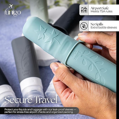 unigo Travel Bottles For Toiletries, 3 oz TSA Approved Containers, Travel Size Toiletries, Shampoo and Conditioner Bottles, Leak Proof and Refillable Bottles, BPA Free, Extra Bottle Covers (Gray)