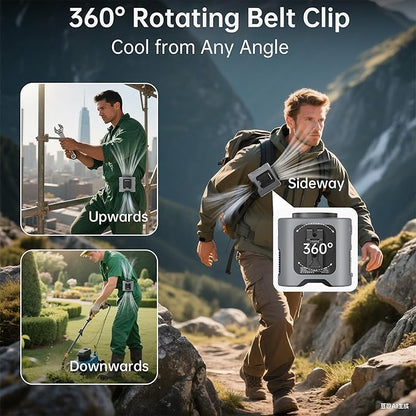 10000mAh Portable Waist Fan Clip On Belt, Max 40H Cooling, 5 Speeds 16000RPM, Rechargeable Hands-free Personal Wearable Neck Fan With Dual Clip & Flashlight for Outdoor Jobsite Camping Traveling