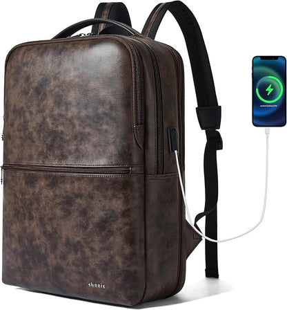 Shrrie Vegan Leather Laptop Backpack for Women&Men,16 Inch Expandable Backpack with USB Charging Port,Two-toned Coffee